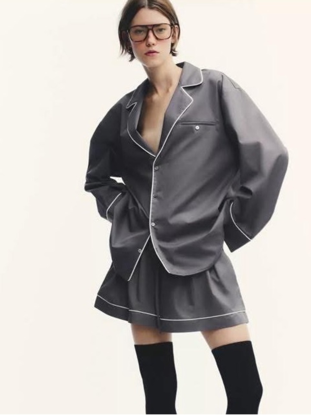 Zara Black Tag Grey Poplin Piped  Shirt - Size L